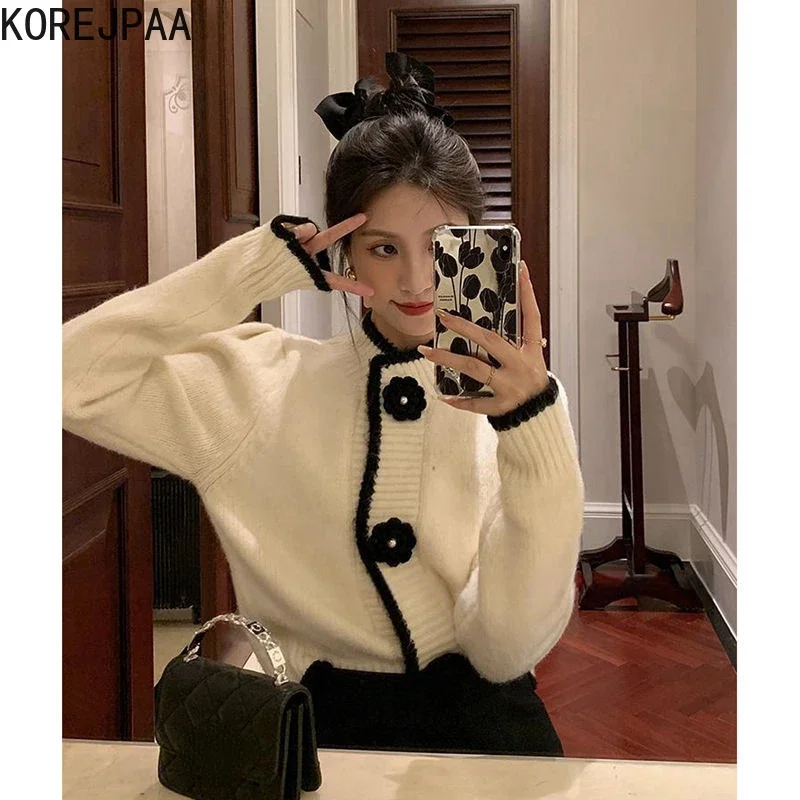 Korejpaa French Gentle Knit Cardigan Women Autumn Winter New Temperament Short Sweater Coat Sweet 3D Flower Button Clothes