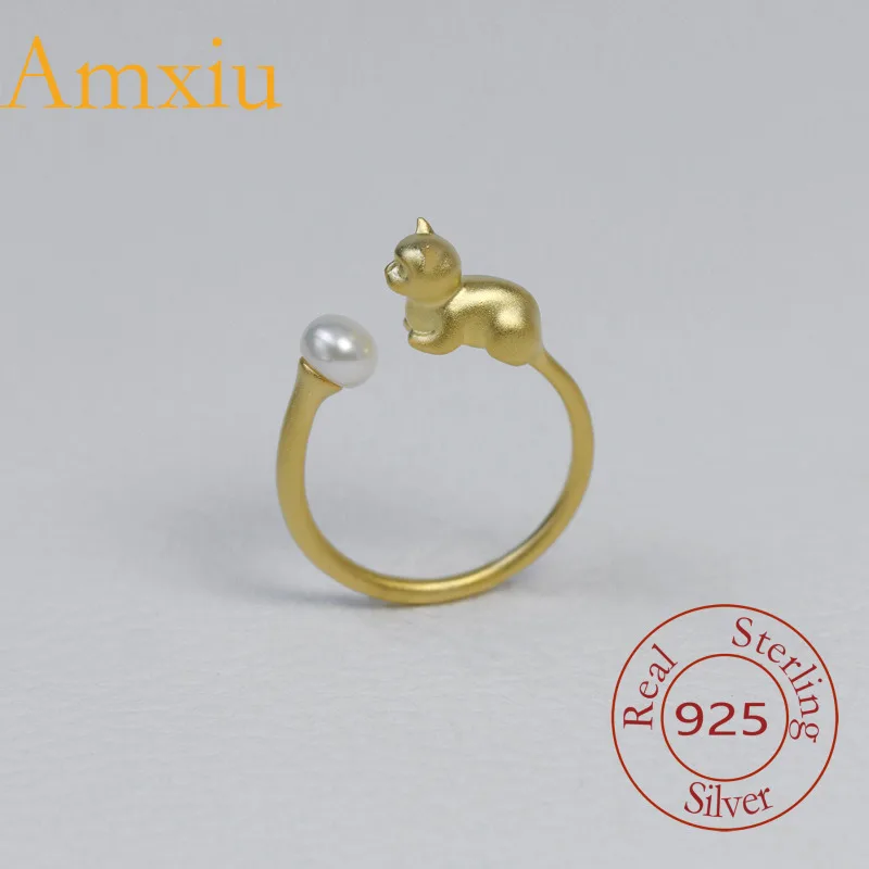 Amxiu Sterling Silver 925  Winter Niche Design Cute Pet Handheld Cat Pearl Meow Star Adjustable  Ring
