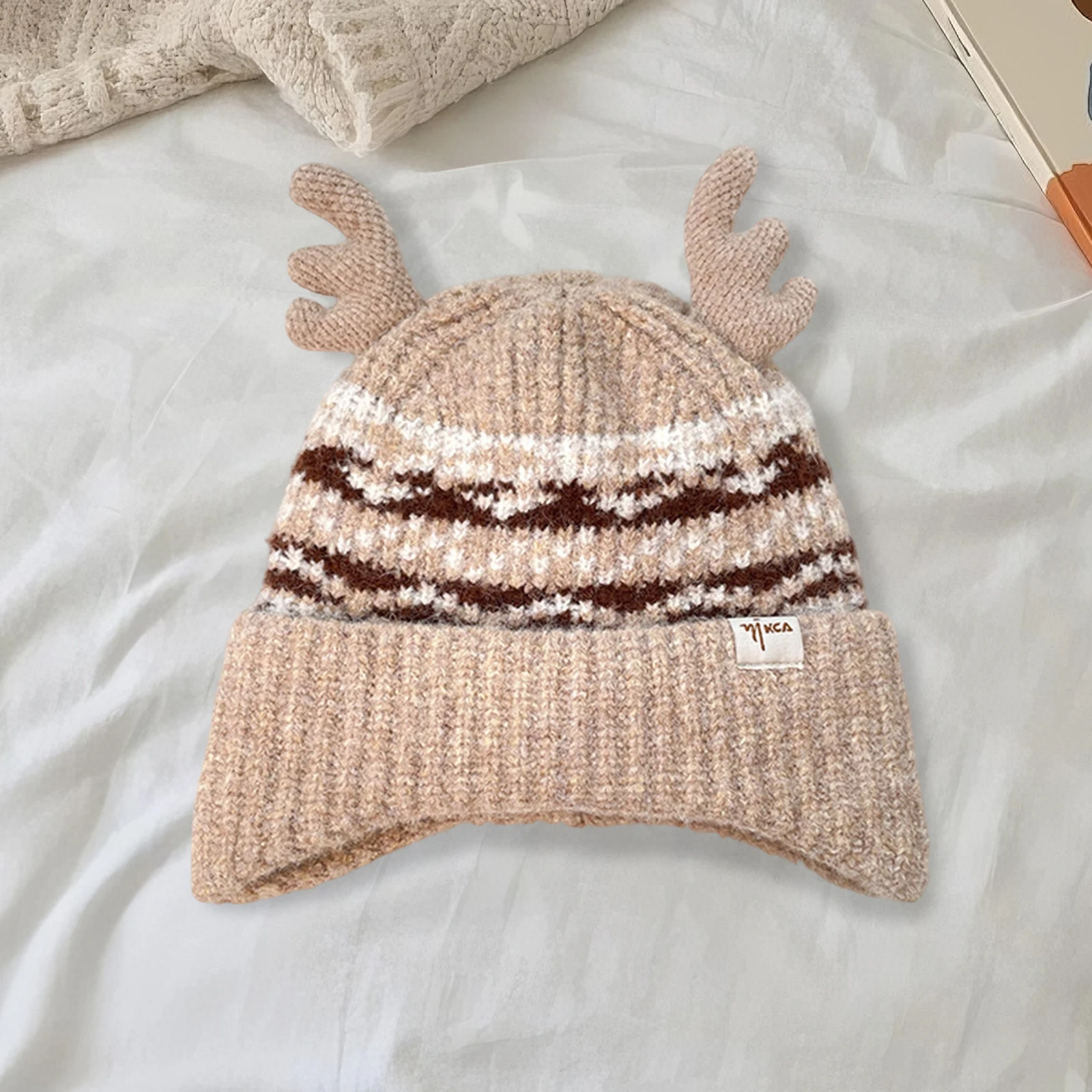 Christmas Beanie with Antlers for Women Winter Warm Knit Hat Soft Stretchy Earflap Hat for Outdoor Activities