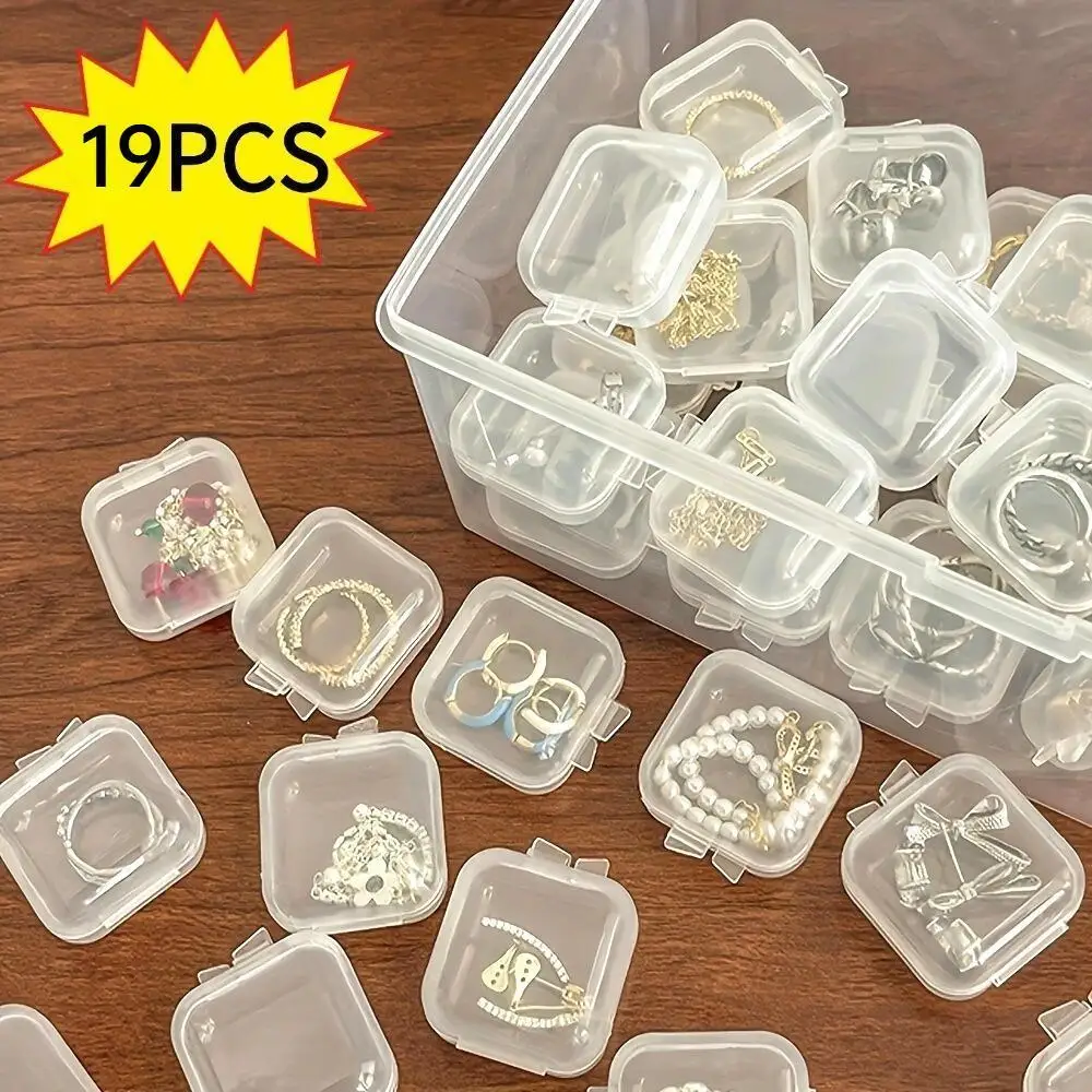 19Pcs Clear Mini Square Jewelry Boxes With Lids Small Storage Case For Earrings Beads Craft Sewing Accessories