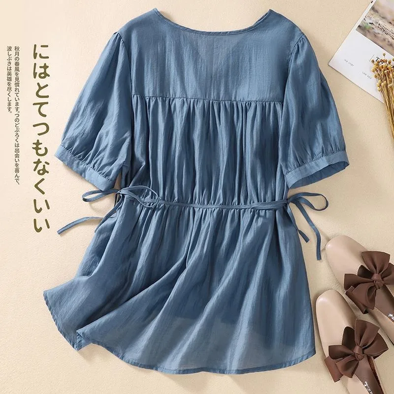 Large Size Short Loose Women Blouses Waistband Lace Up Thin V-neck Single Breasted Tops Fashionable and Elegant Commuting Shirt