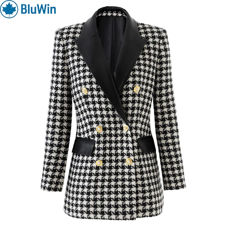 

URBANCHIC Блейзер с узором «гусиные лапки» Женский двубортный контрастный атласный пиджак с лацканами на заказ Классическая рабочая куртка