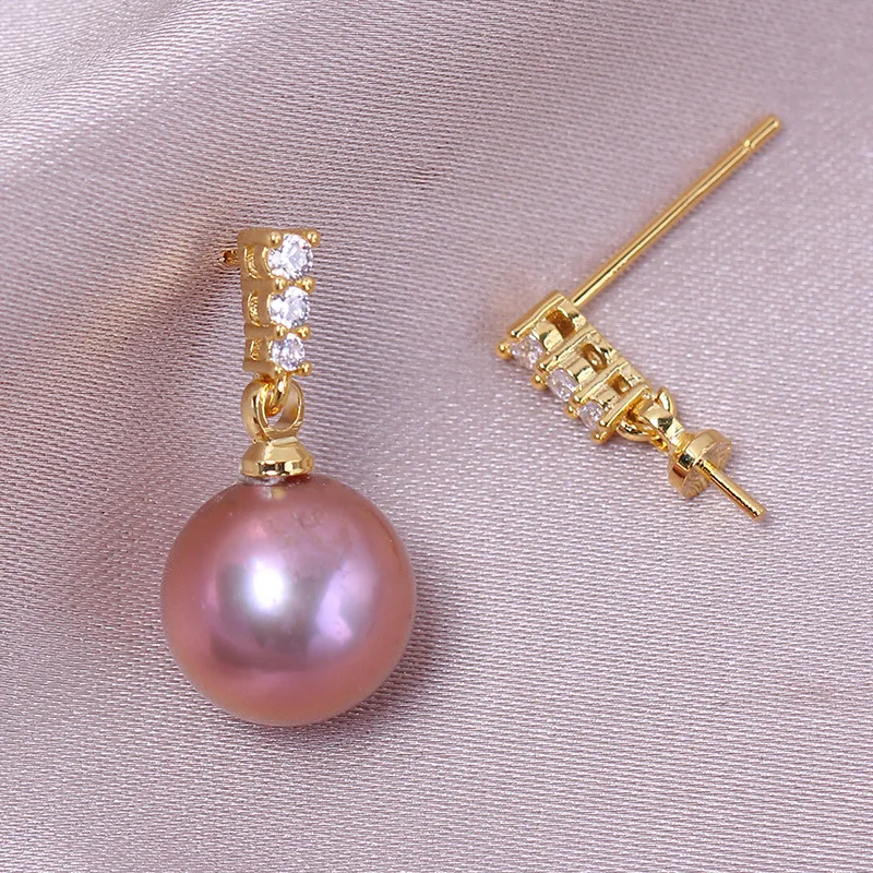 Domestic Copper 14K Gold, Princess Zircon Pearl Stud Earrings S925 Silver Needle Earrings Pendant Set DIY Accessories