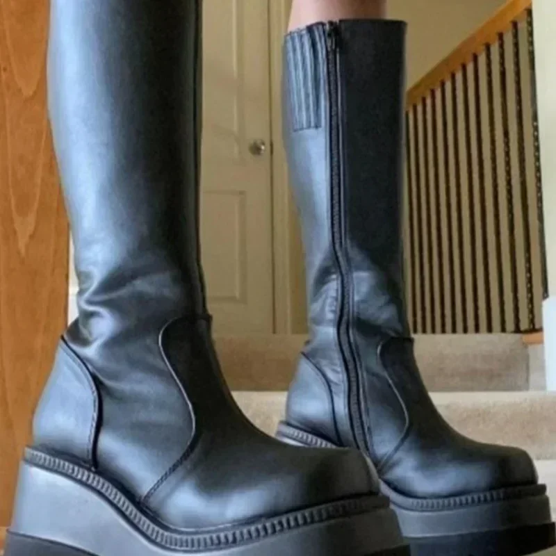 2024 New Fashion Platform Women Combat Winter Heels Quality Long Thigh High Zipper Knee High Boots Botas Mujer Platform Shoes
