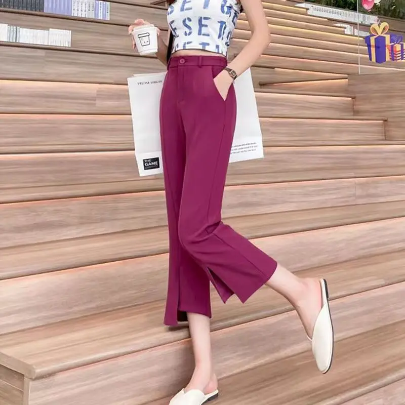 

New 2025 Nine-point Solid Color Button Spliced bell-bottom Trousers Suit Pants Casual Pants