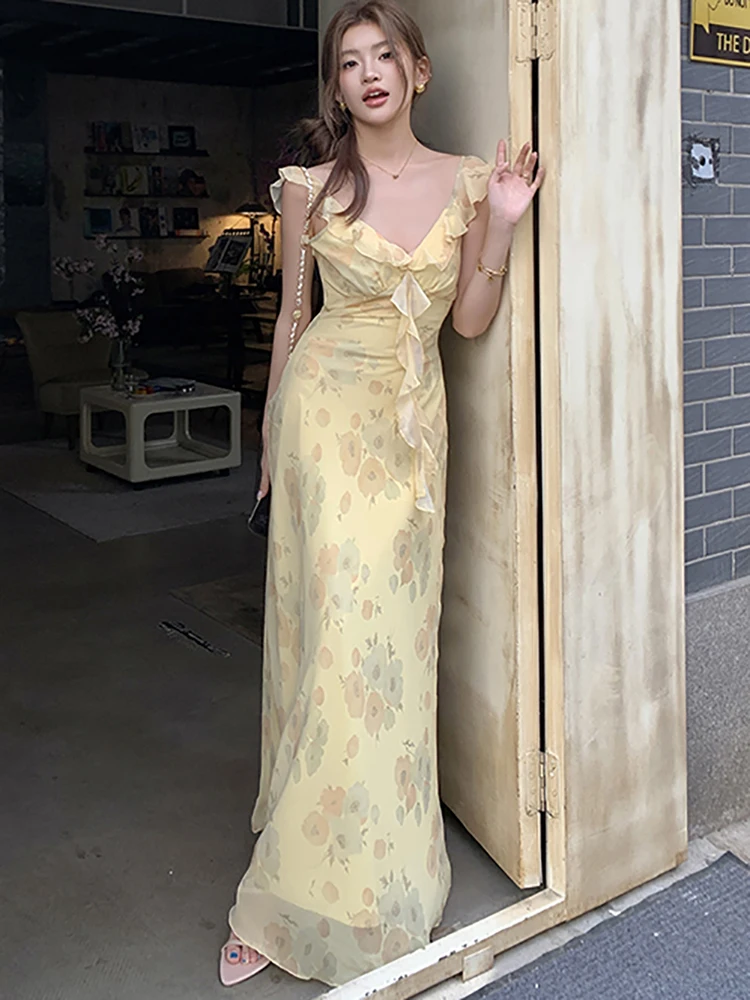 2025 ใหม่ดอกไม้ชีฟอง Chic Ruffled V คอชุดยาวเซ็กซี่ฤดูร้อน Boho Elegant ชุดนางเงือกผู้หญิงเกาหลีชุด Bodycon
