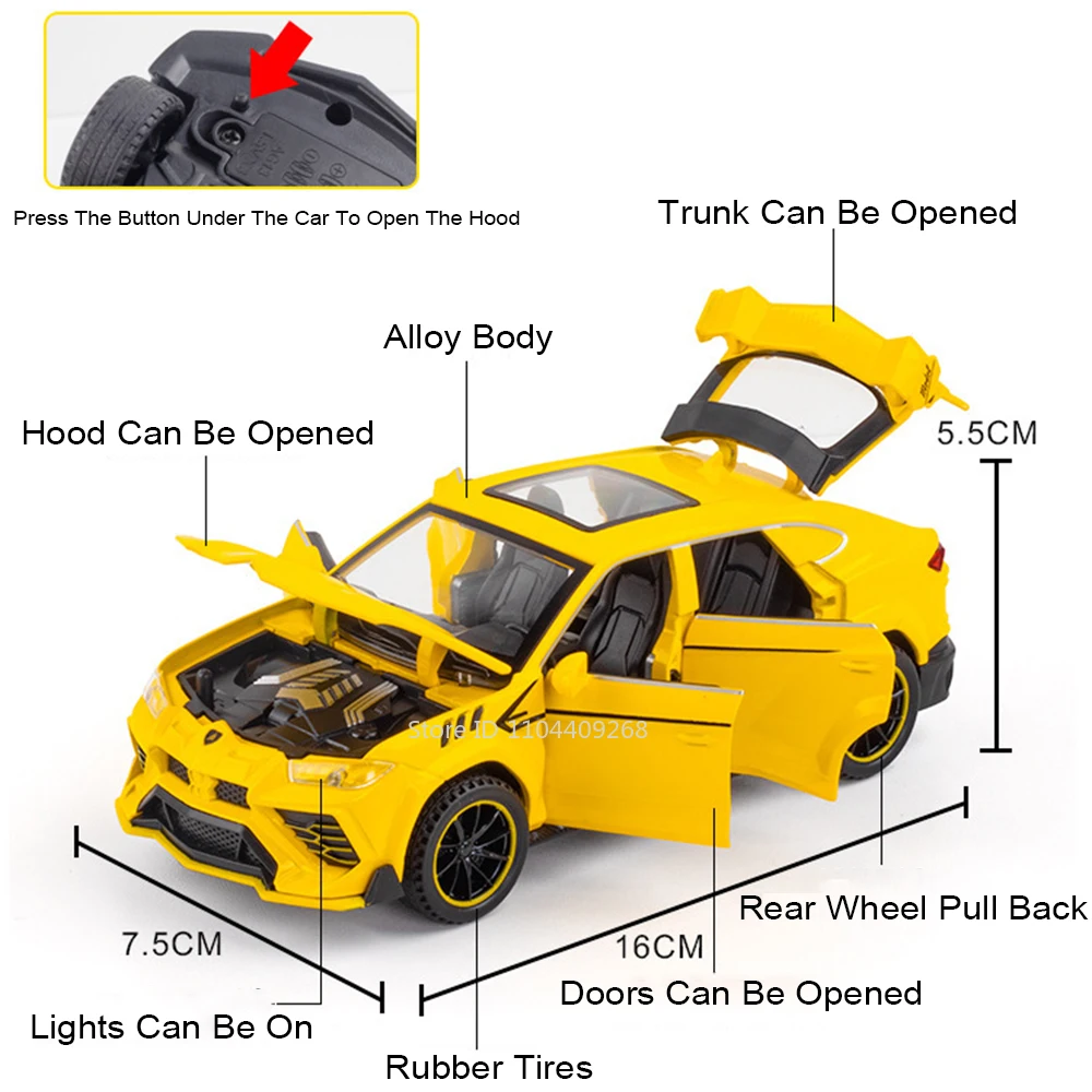 1:32 Scale Lambor URUS Sian Alloy Toy Car Model Diecast Metal Doors Opened Sound Light Pull Back Vehicles Kids Ornament Gifts