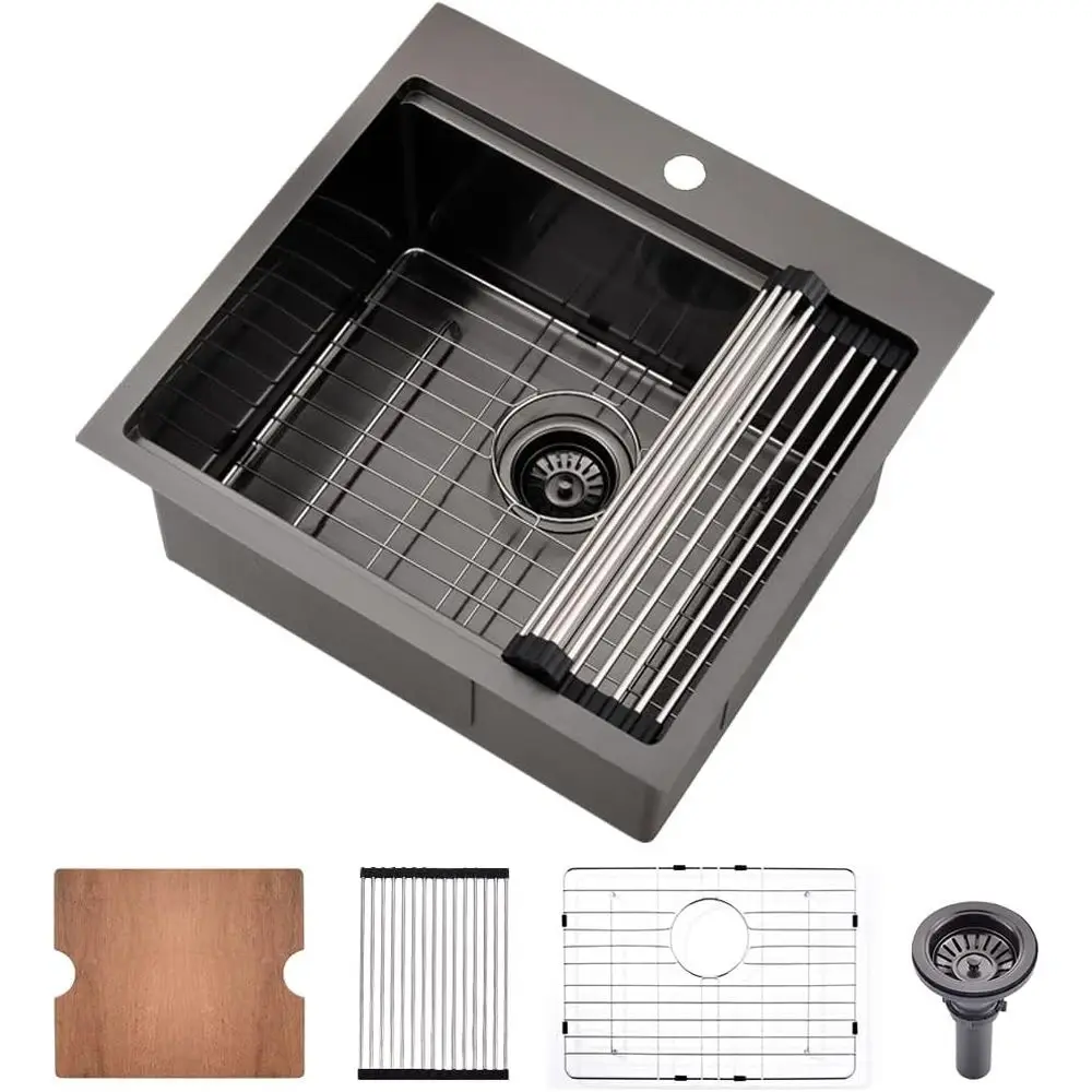 

Маленькая встраиваемая мойка 21x20 дюймов, черная, из нержавеющей стали, для бара, для улицы, для автофургона, 16-го калибра, с верхним монтажом, одинарная чаша, для небольшой кухни