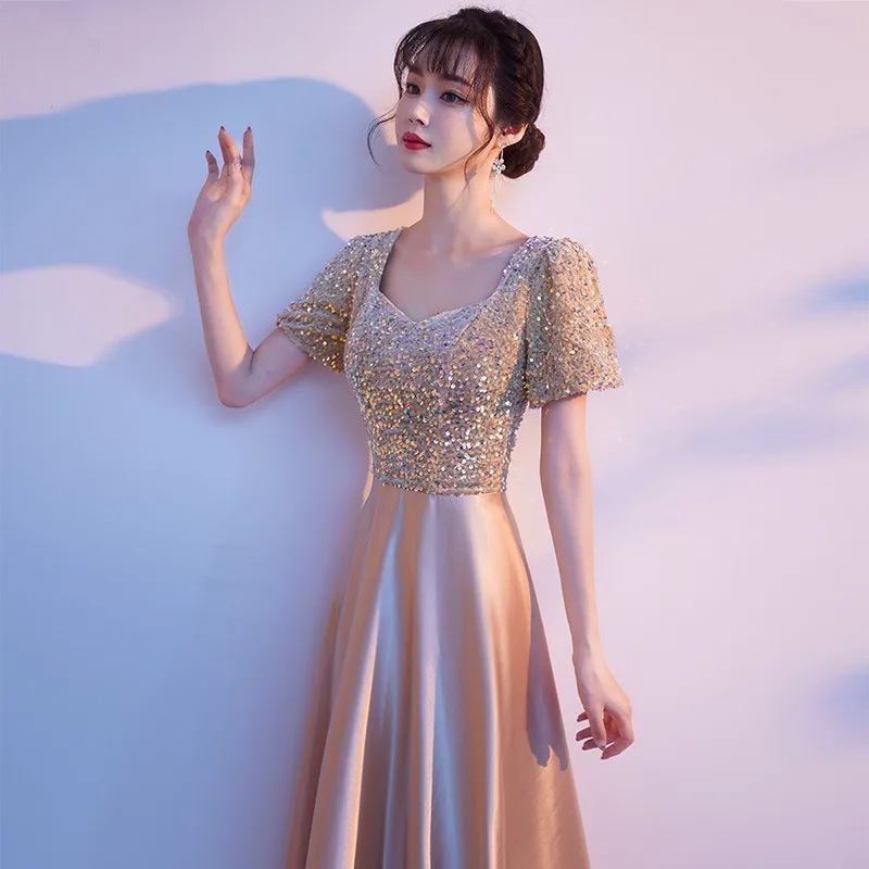 2025 novo verão novo feminino de alta qualidade luxo champanhe brilho com decote em v banquete presidente vestido noite moda anfitrião vestido