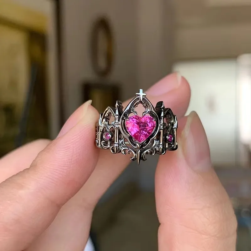 

Gothic Cross Crown Heart Ring Vintage French Mid-century Open Adjustable Ring Niche Luxury Stackable Finger Jewelry