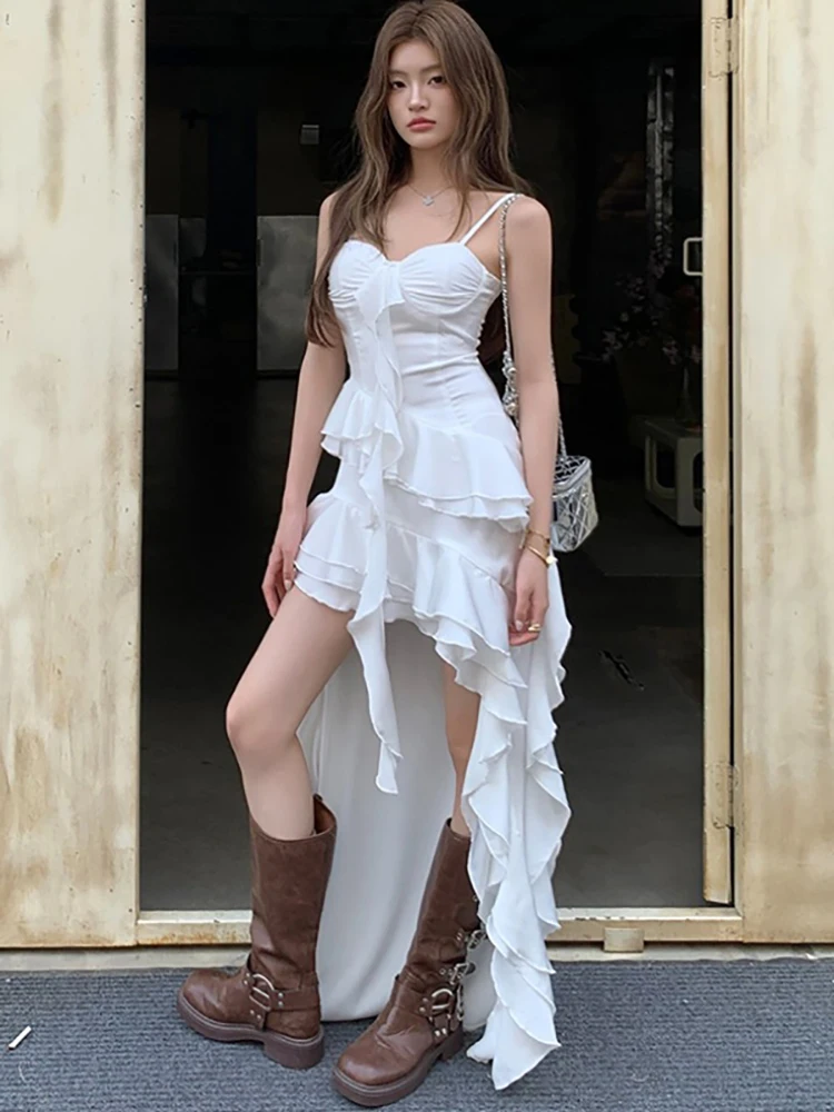 

2025 New White Chic Ruffled Casual Dress Summer Elegant Sling Sexy Club Dress Women Korean Fashion Bodycon Festival Party Dress