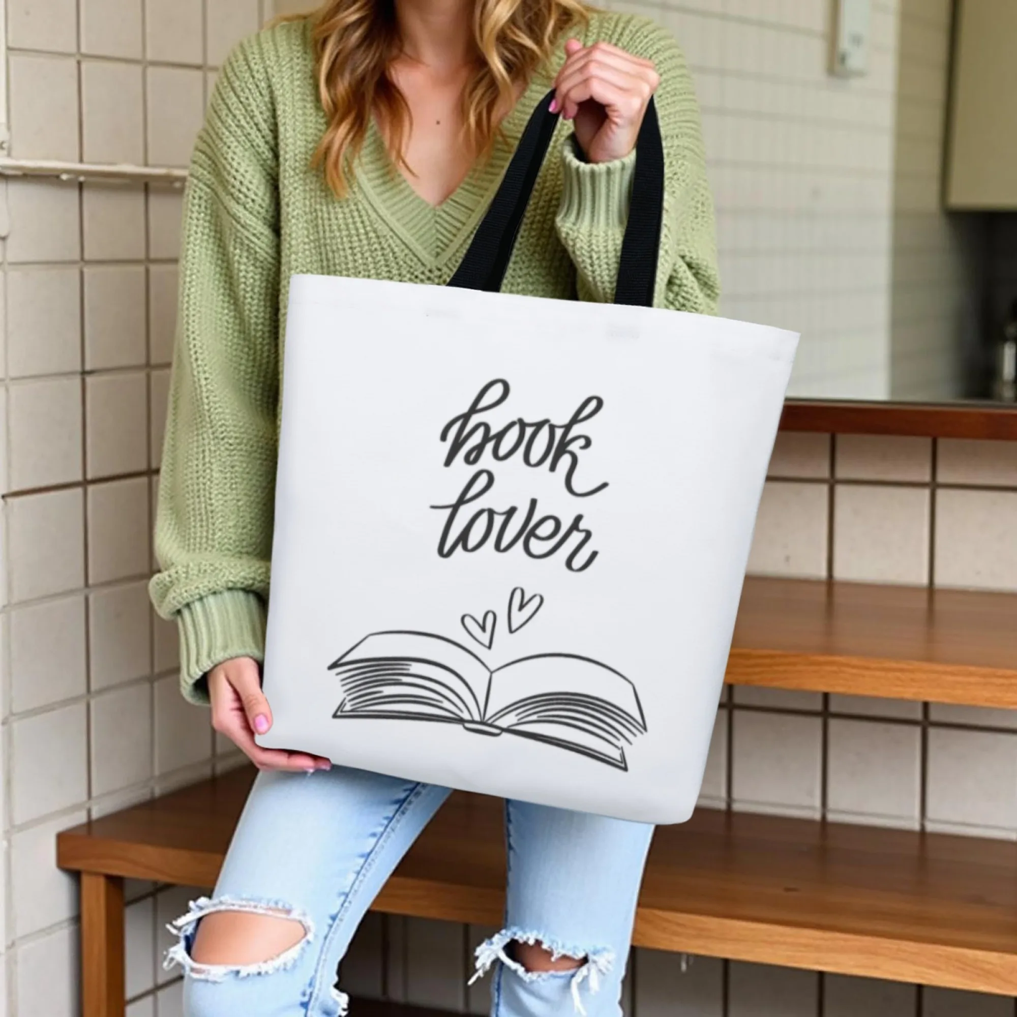 

Book Lover Themed Canvas Women Tote Bag Open Book & Heart Pattern Reusable Shoulder Bag Perfect Gift for Readers Students