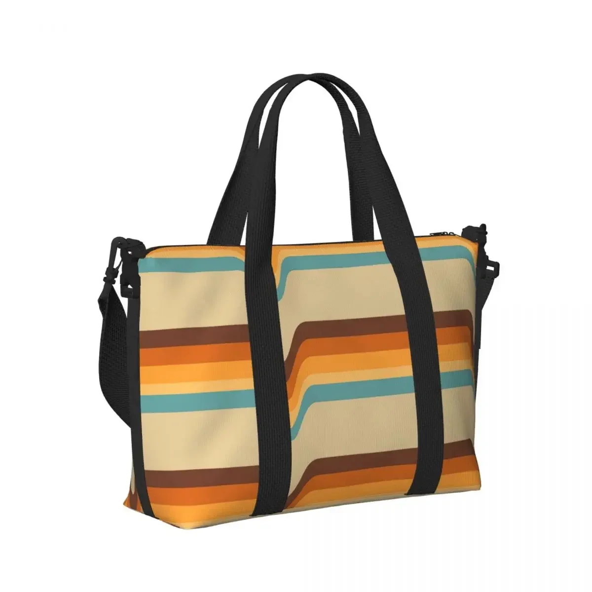 

70s Stripes Brown Orange Yellow Cream Beige Tan Blue Beach Travel Bag Tote Bag for Gym Sport Women Shopping Duffle Shoulder Bag