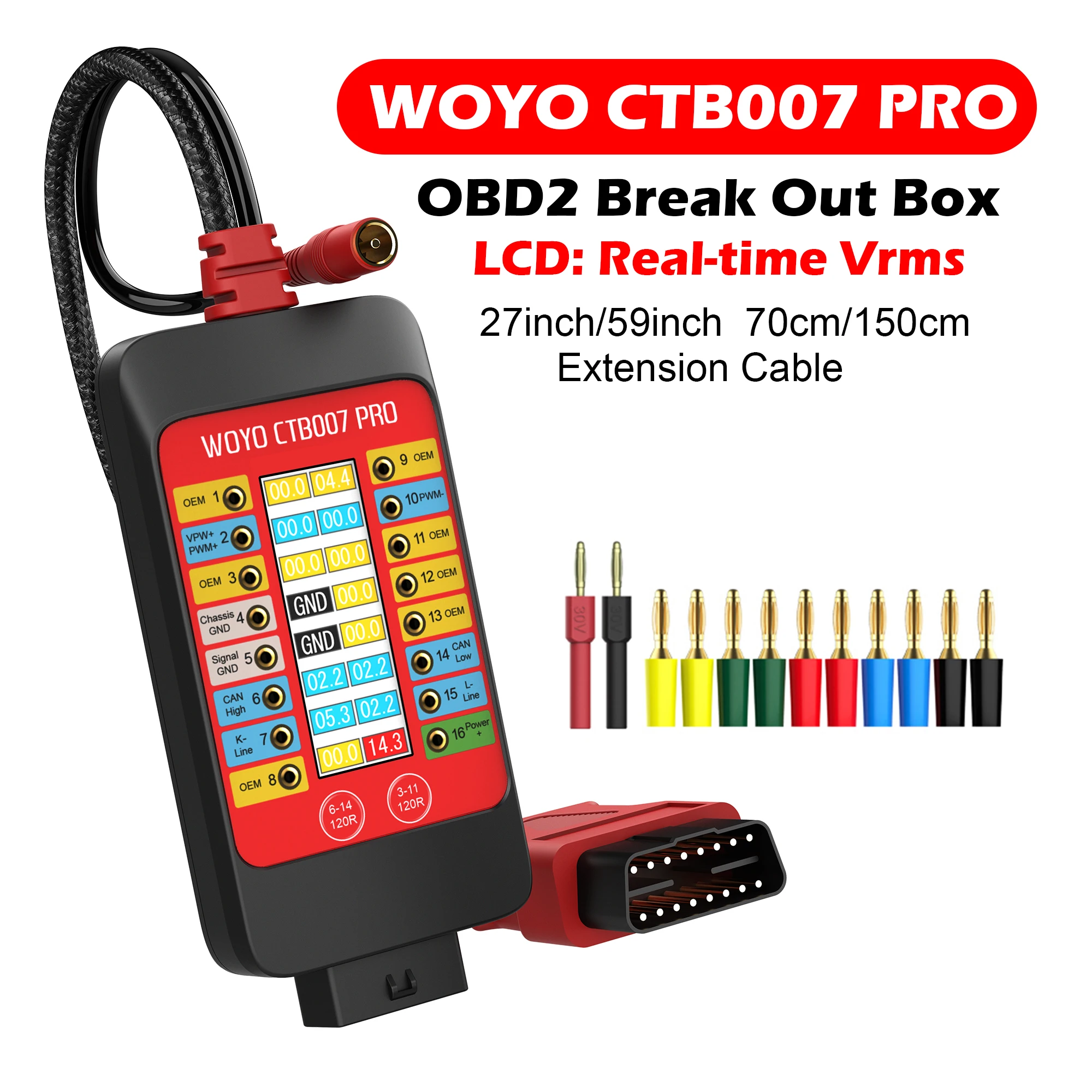 WOYO CTB007 PRO OBD2 Breakout Box with LCD Digital Vrms Display ECU Testing Tool on Bench Automotive Diagnostic Tool