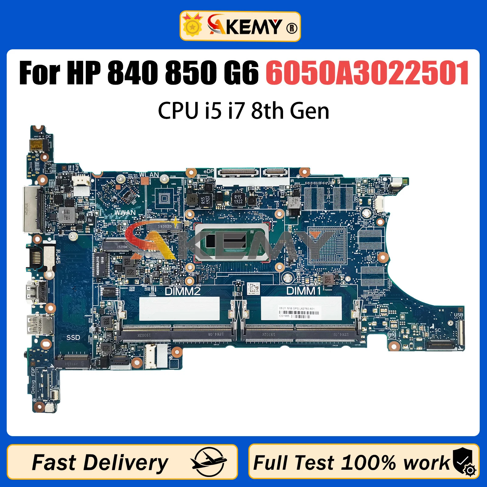 

AKEMY 6050A3022501 Laptop Motherboard For HP 840 850 G6 L62757-601 L62760-601 L62759-601 Notebook Mainboard i5 i7 8th Gen