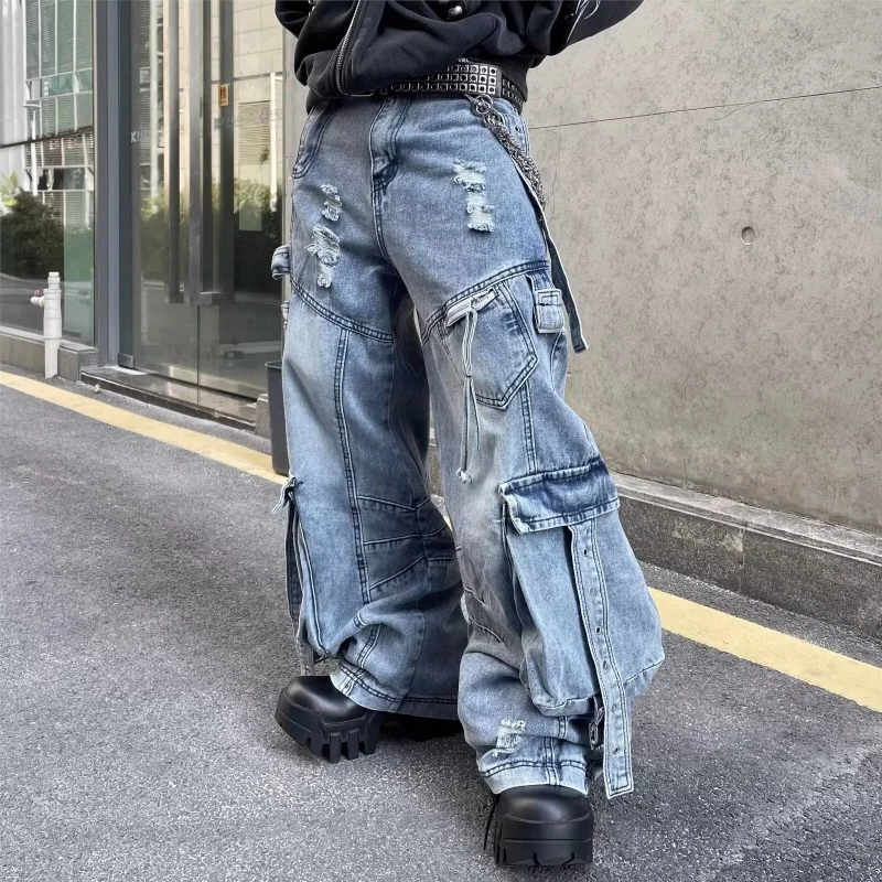 2025 Cyber Y2K Streetwear Washed Blue Baggy Ripped Cargo Jeans Pants For Men Clothing Wide Leg Vintage Loose Punk Denim Trousers