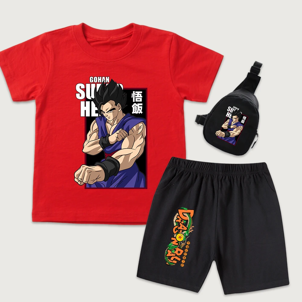 Dbz Gohan Anime Print Kids Cotton T Shirt Shorts Mini Chest Bag 3 Piece Set Boys Girls Casual Summer Outfit
