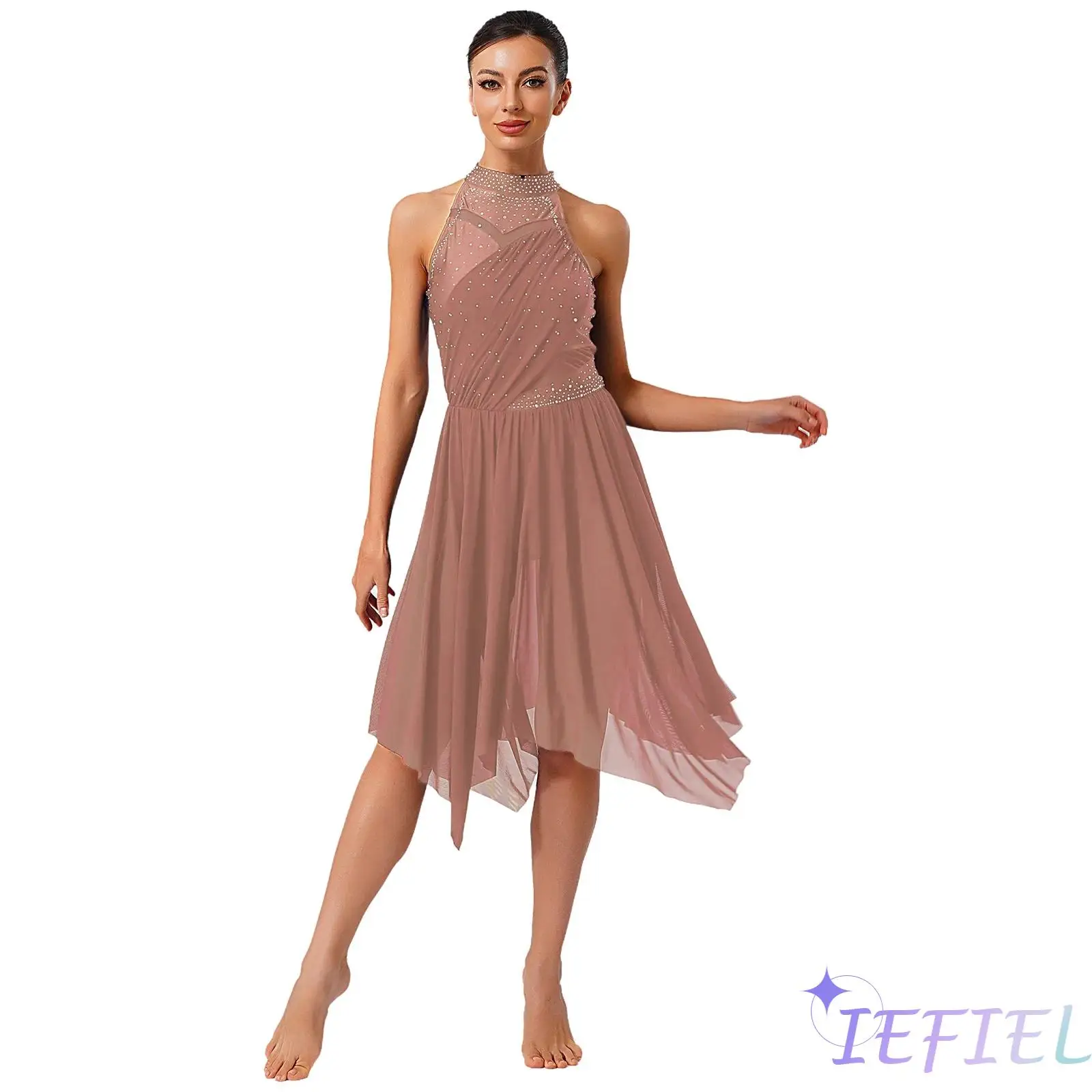 

Womens Lyrical Gymnastics Dance Costume Tango Latin Salsa Dress Halter Glittery Rhinestone Dress for Stage Ballroom Dance Show