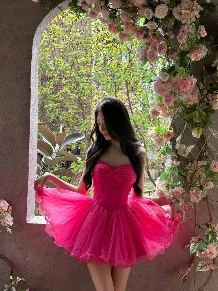 

Dreamy Sweet Pure Desire Style Princess Dress Strapless Mesh Skirt One-Piece Summer Casual Slim Fit Polyester Fibre Gown