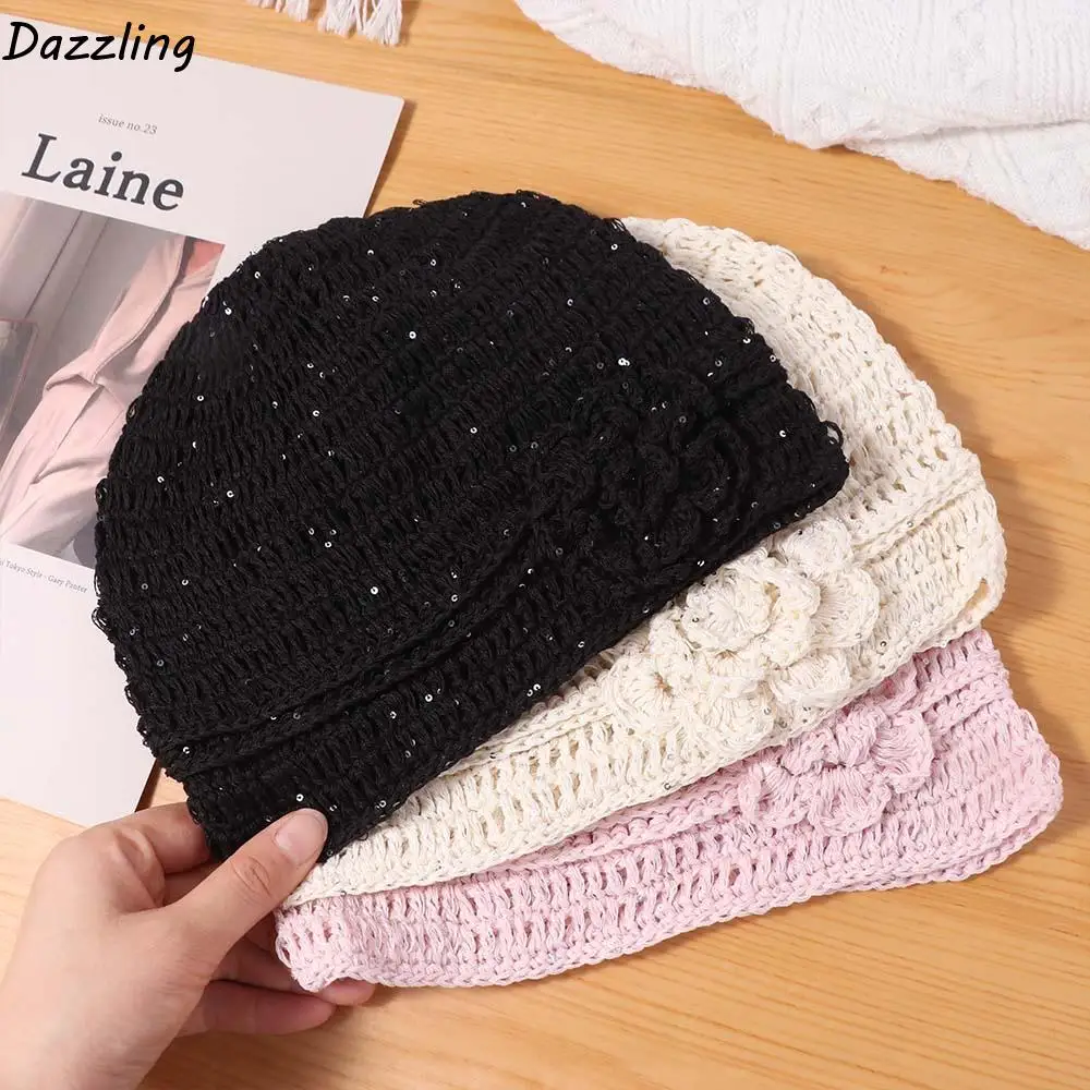 

Cute Handmade Crochet Flower Hat Glitter Hollow Beanies Hat Wool Hat Bling bling Weave Cap Girls