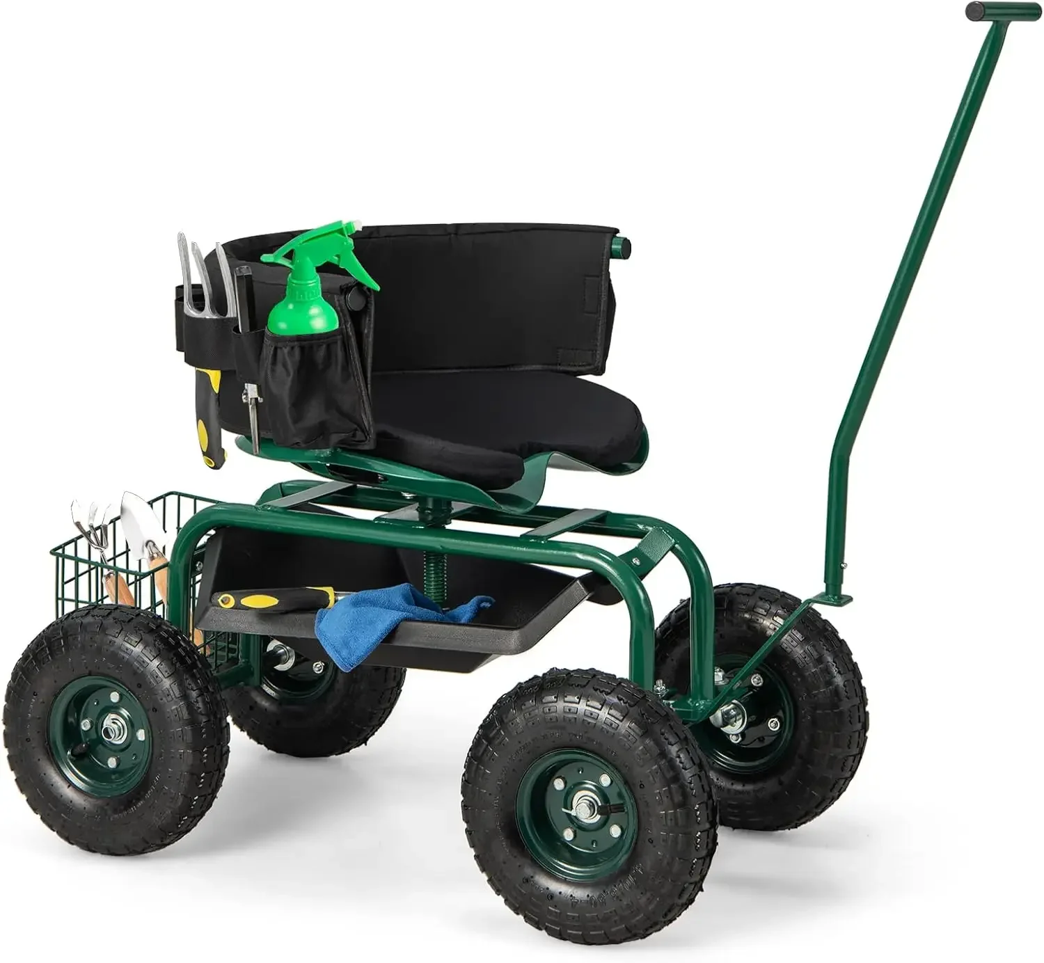 Rolling Garden Cart, Garden Scooter with Seat & Tool Storage, 2 Steering Handles, Gardening Helper with Wheels, Adjustabl