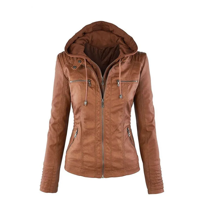 7XL Women Hooded Faux Leather Jacket Pu Motorcycle Hat Detachable Casual Leather Punk Outerwear