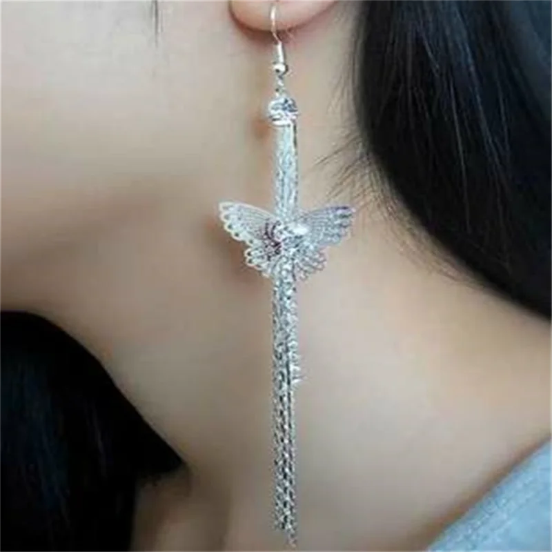 Women Long Tassel Earrings Korean Sweet Butterfly Rhinestone Earring New Wedding Bridal Party Jewelry Beautiful Gifts