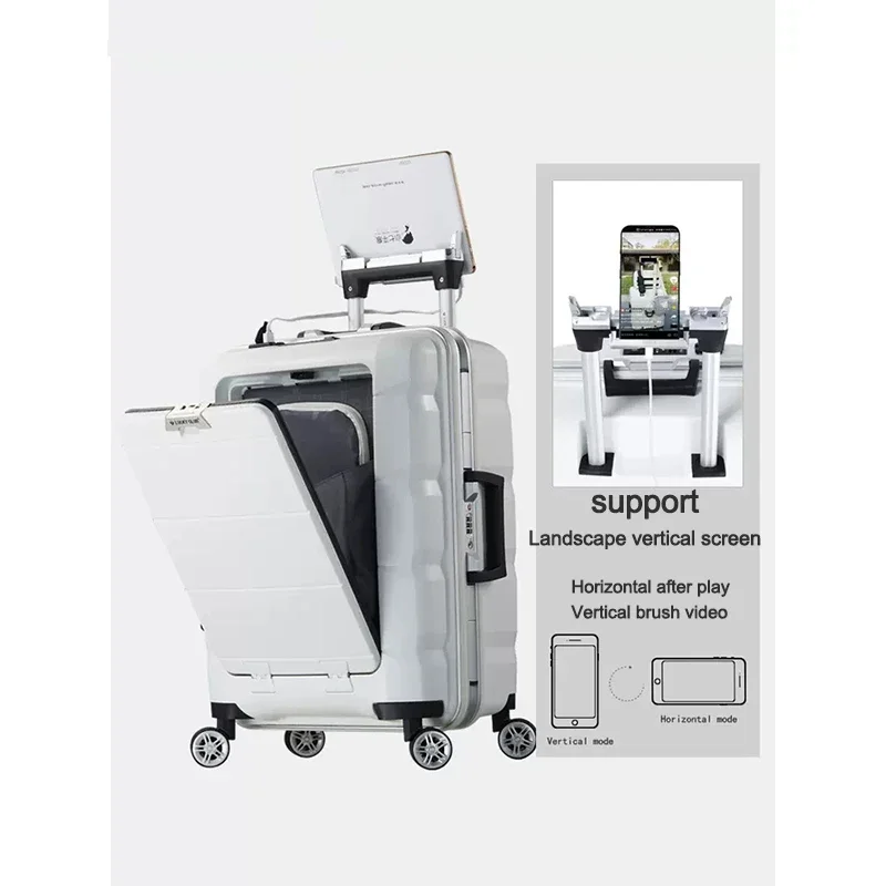 Travel Trolley Suitcase 20 Inches Front Computer Luggage Rolling Hard Shell Spinner With Mobile Cup Holder USB Charging PP Hook