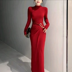 Seksi Saf Arzu Rüzgar Yarım Yüksek Yaka Uzun Kollu Elbise Kadınlar için Katlanır Bel Çantası Kalça Uzun Elbise