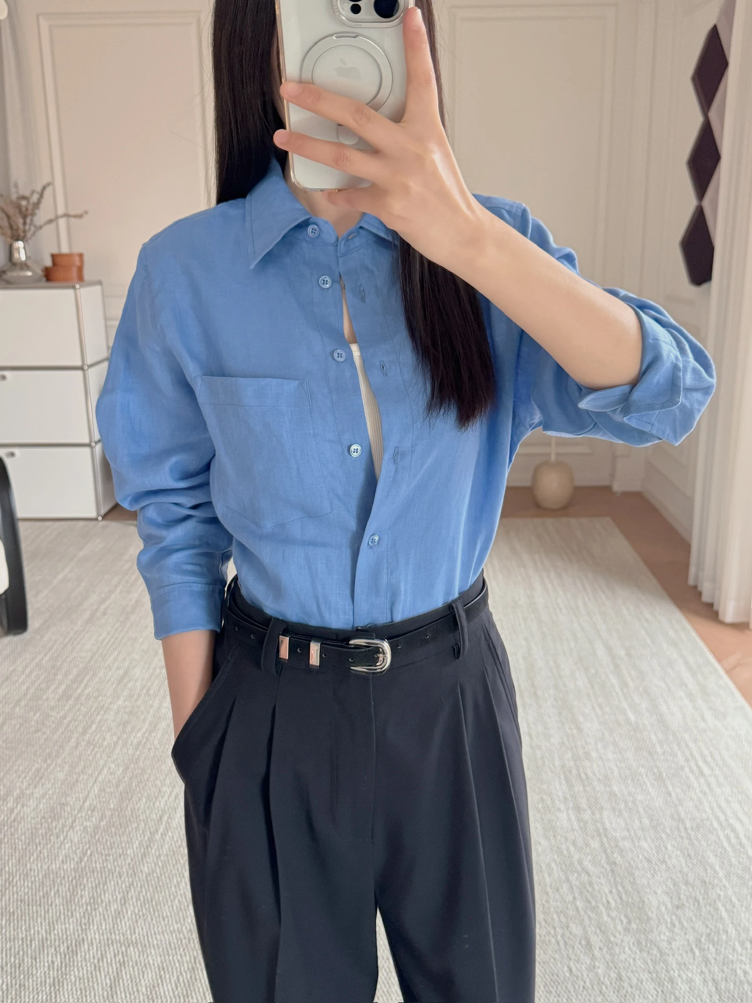 

Loose Long Sleeve Linen Shirt Zhu Zhu Klein Blue Spring Style Women's Comfortable Breathable Lazy Fashion Casual Shirt