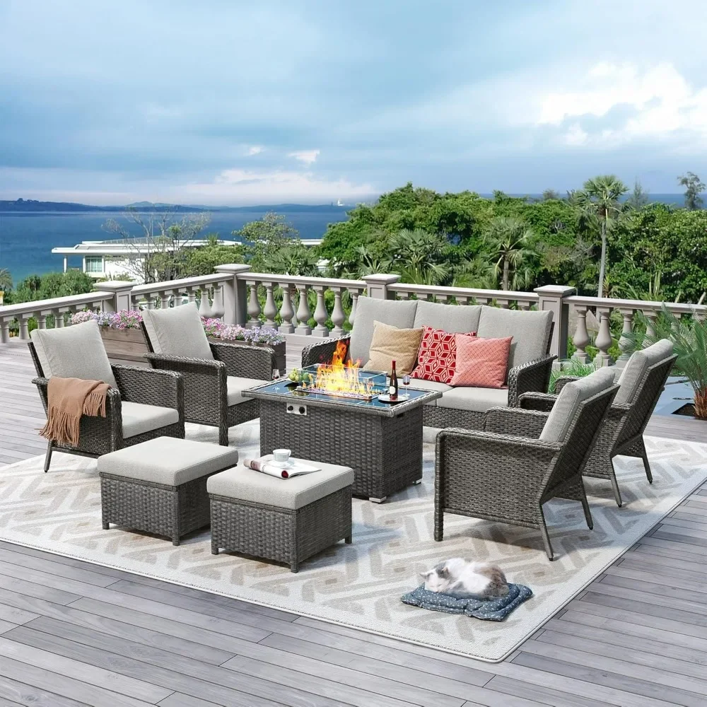 

Outdoor Patio Furniture Set with 44" Gas Fire Pit Table - Cushioned Seat Couch - 9 Seats Outdoor Sectional Chair Sofa Set