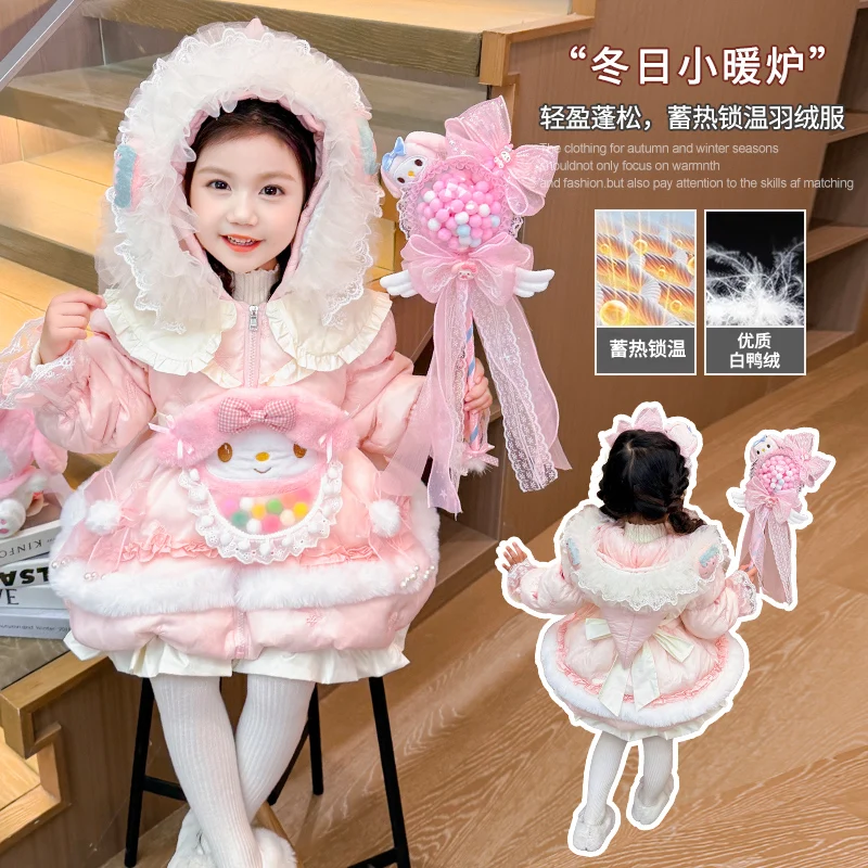

Kawaii детские длинные пуховики в стиле Лолиты, платье высокого качества, милая куртка принцессы в стиле аниме, теплая белая куртка на утином пуху с капюшоном
