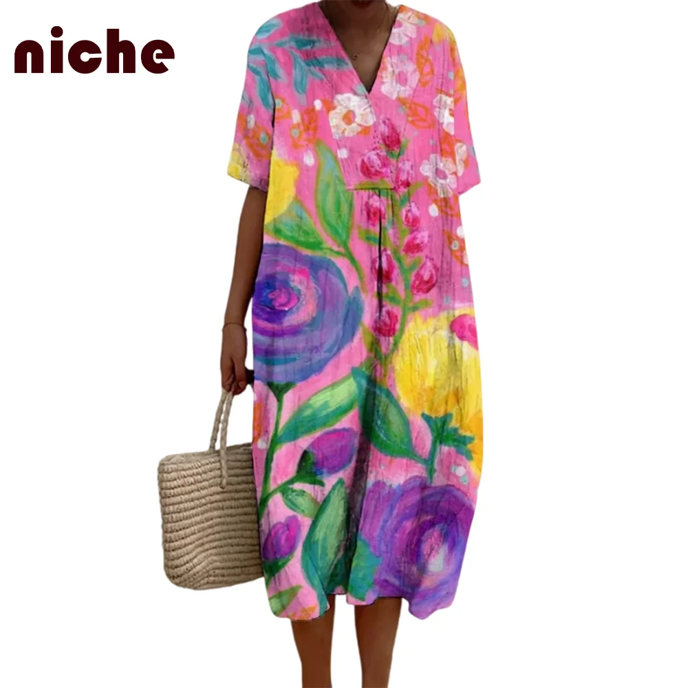 Ladies Beach Skirt High Quality Cotton And Linen Soft Color Smudge Flower Graphic Printing Fashion Trend Designer New Long Dress