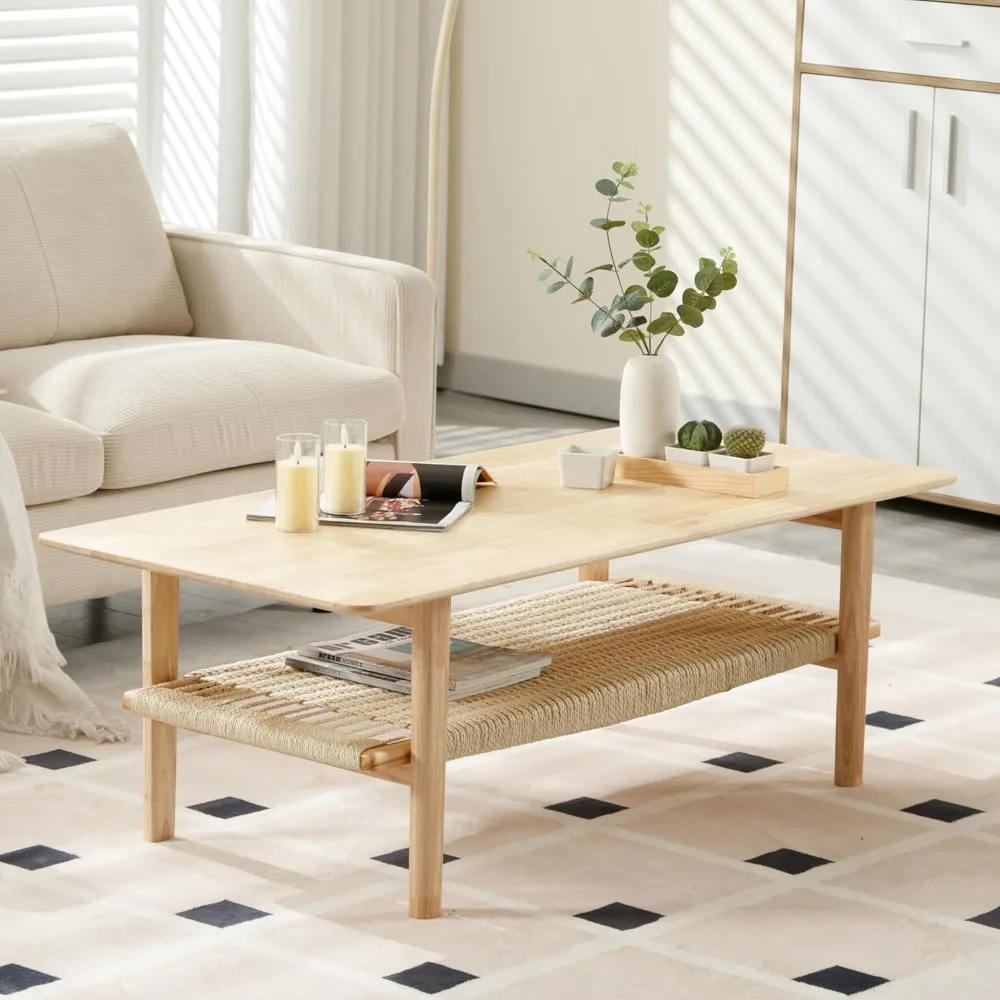 

Coffee Table with Storage, Farmhouse Wood Living Room Tables Rectangular Center Table with Rope Woven/Rattan Storage Shelf