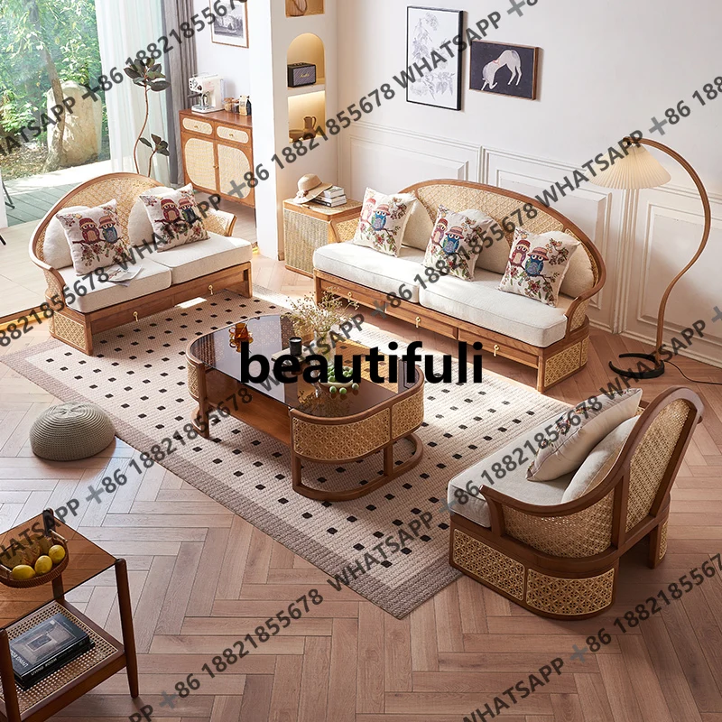 

Nordic Retro Rattan Sofa Living Room Set New Chinese Style Villa Homestay Simple Solid Wood Sofa Leisure Storage