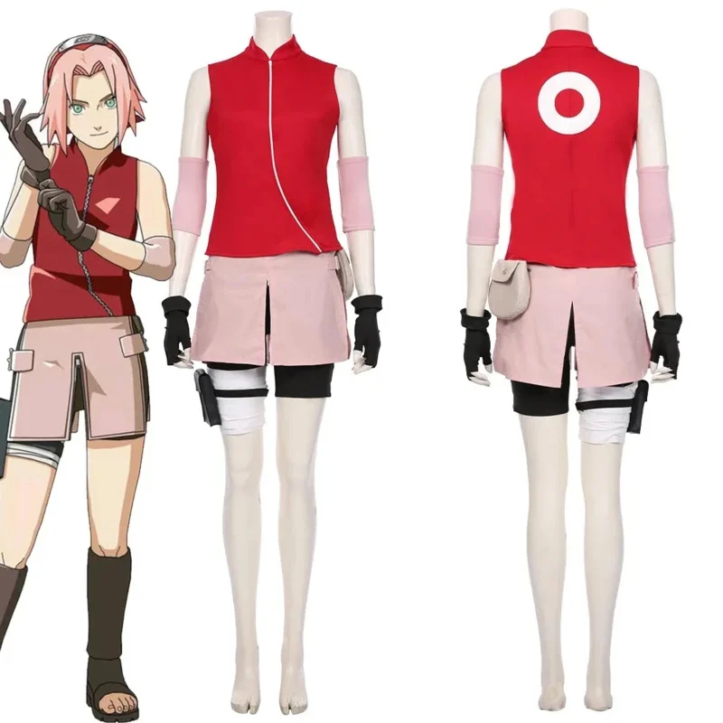 Haruno Sakura costume cosplay parrucca donna ragazza gonna vestito ninja fascia puntelli anime costumi di carnevale di Halloween Nuovo