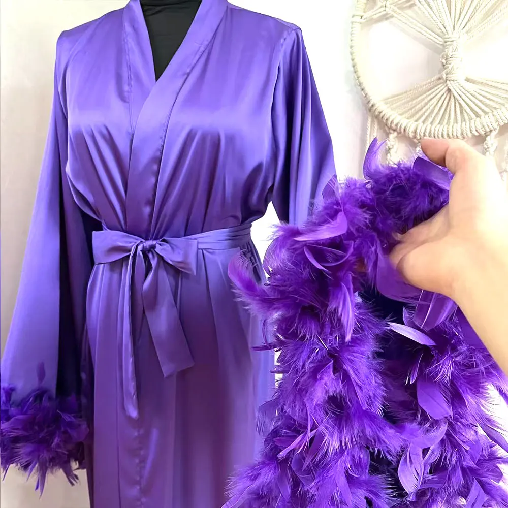 Luxury Purple Feather Robe Bride Kimono Long Boudoir Robe Wedding Floor Length Maxi Dressing Gown Bridesmaid Silk Satin Robe New