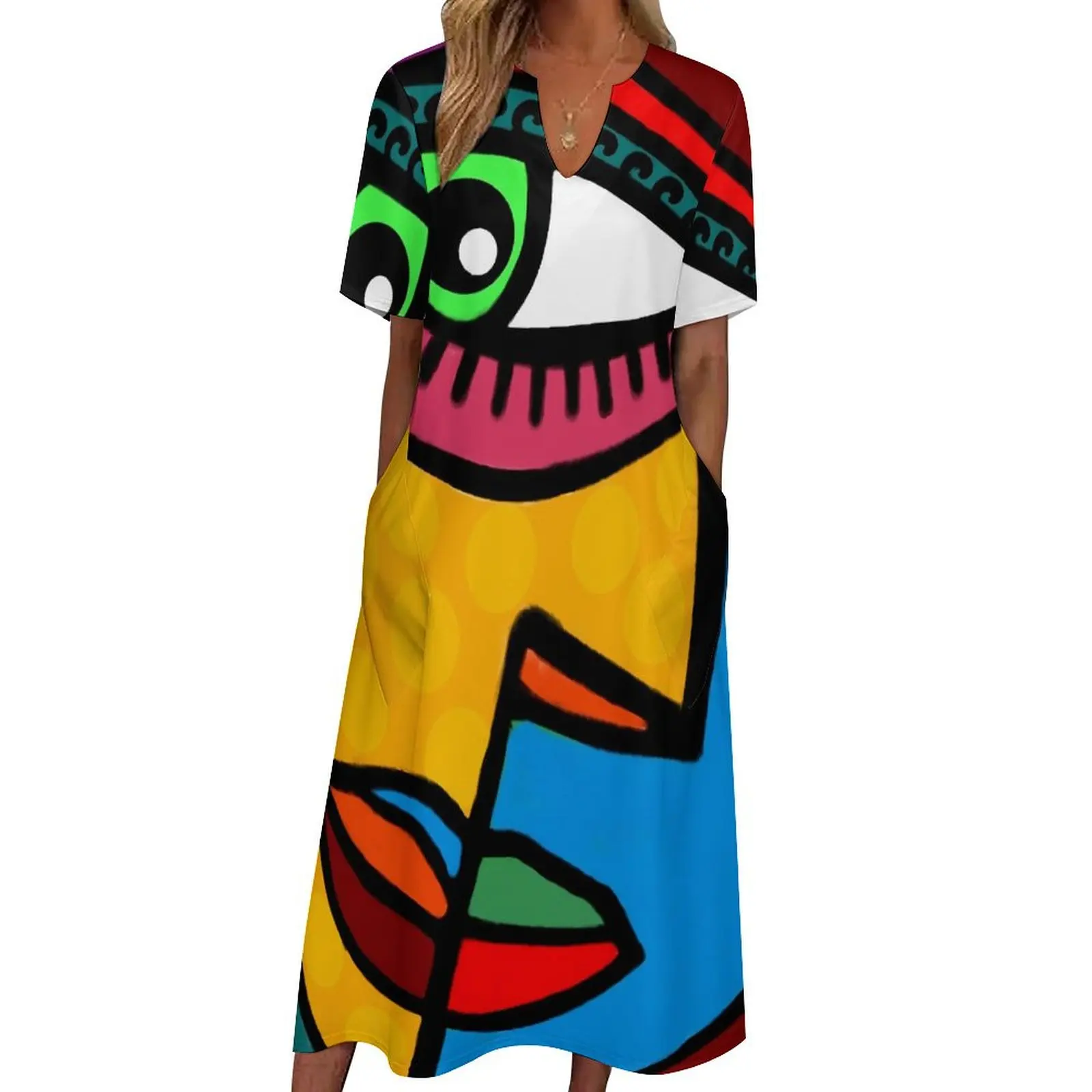 

Abstract Ladies Face Dress Funky Women Beach Maxi Dress Aesthetic Bohemia Long Dresses Summer V Neck Custom Vestido Big Size