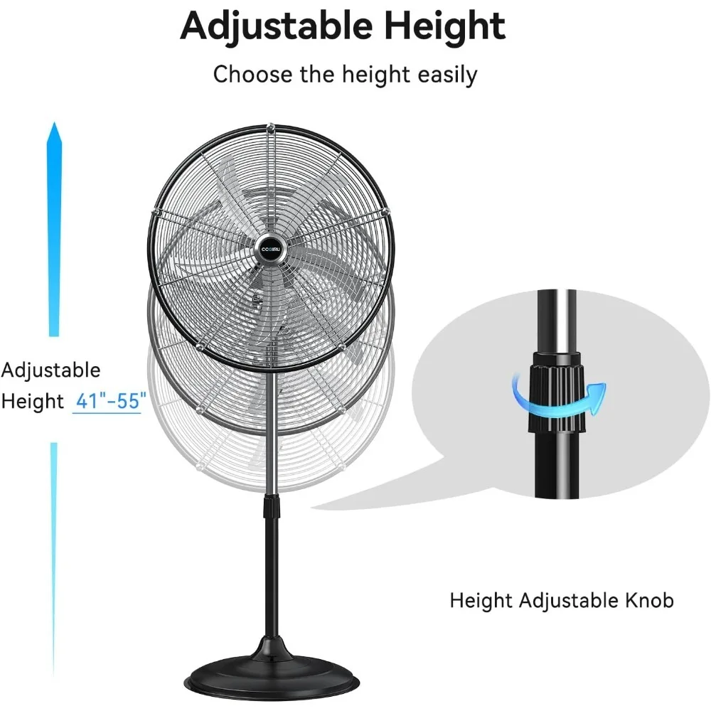 مروحة بقاعدة صناعية عالية الجودة 5300 CFM مقاس 20 بوصة عالية السرعة، مروحة قائمة متأرجحة احترافية ذات 3 سرعات مع رأس طبل - أفضل #4