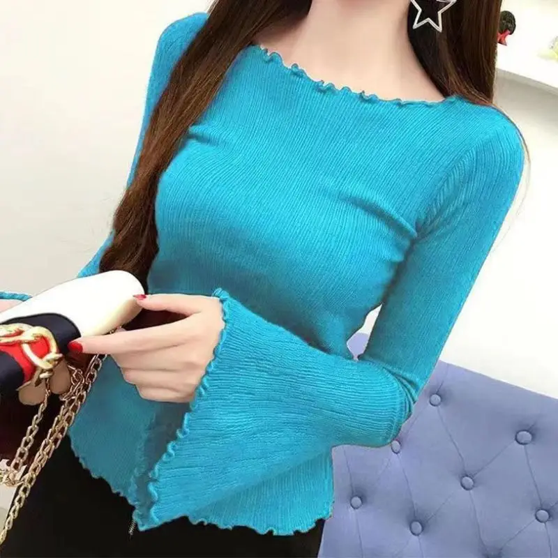 2023 New Spring and Autumn Fashion Simple Solid Elastic Slim Fit Wooden Ear Edge One Line Neck Flare Sleeve Knit Underlay Shirt