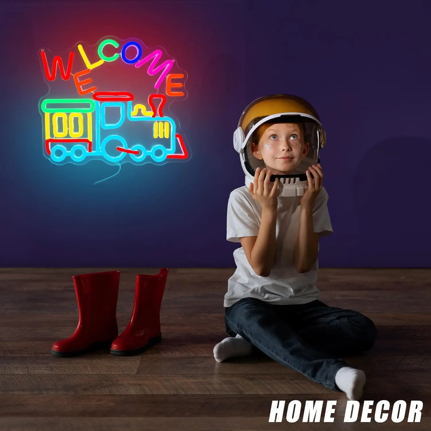 Welcome Train Neon Sign Colorful LED Neon Light USB Powered for Home Kids Room Playroom Train Party Birthday Decor Gift Dimmable