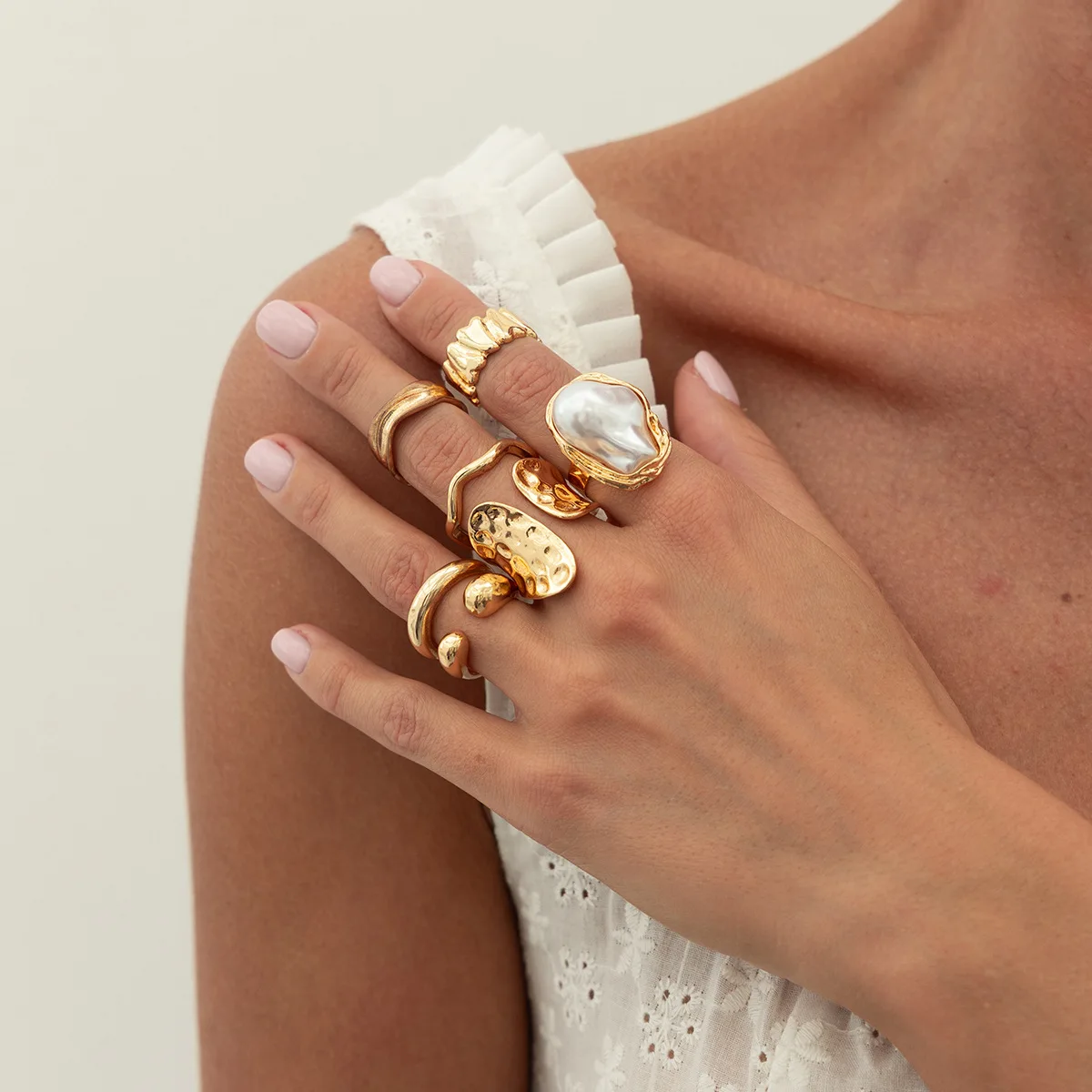 Baroque Pearl Ring Set 6/7pcs  Irregular Fluid Metal Texture Faux Pearl Stackable Artistic Gift for Her