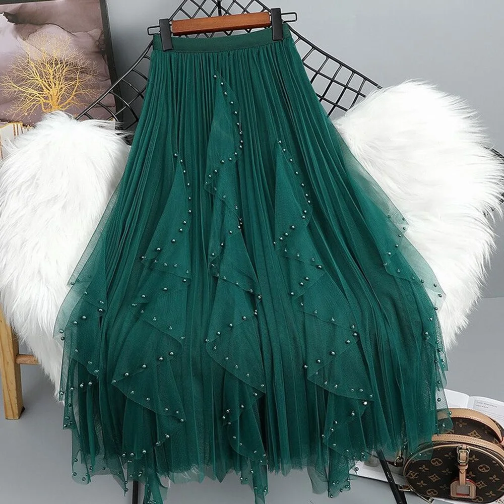 Women's Heavy Beading Tulle Midi Long Skirt Female Elastic High Waist Pleated A Line Mesh Fairy Skirts Green Beige Pink Black