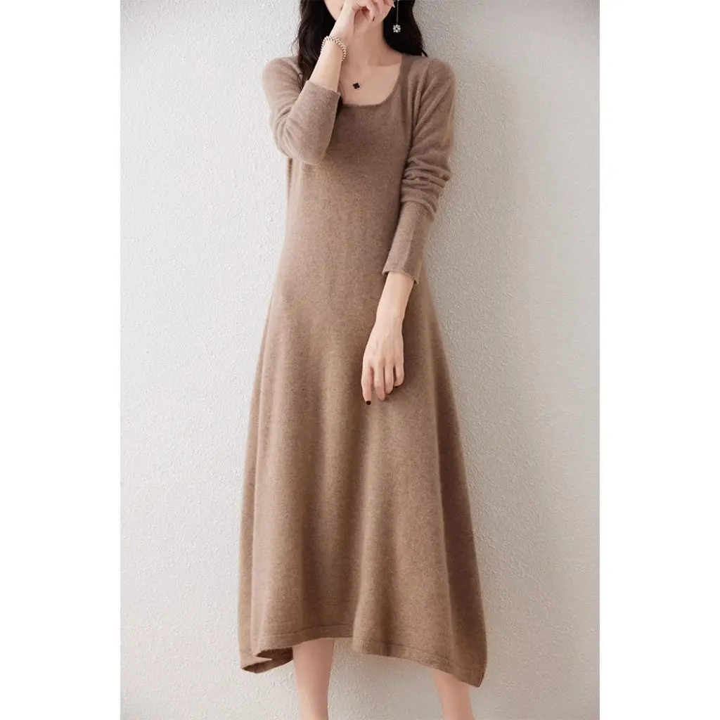 

Women's Autumn Winter 100% Wool U-Neck Slim-Fit Sweater Dress with Added Waist French Knee-Length Knitted Dress