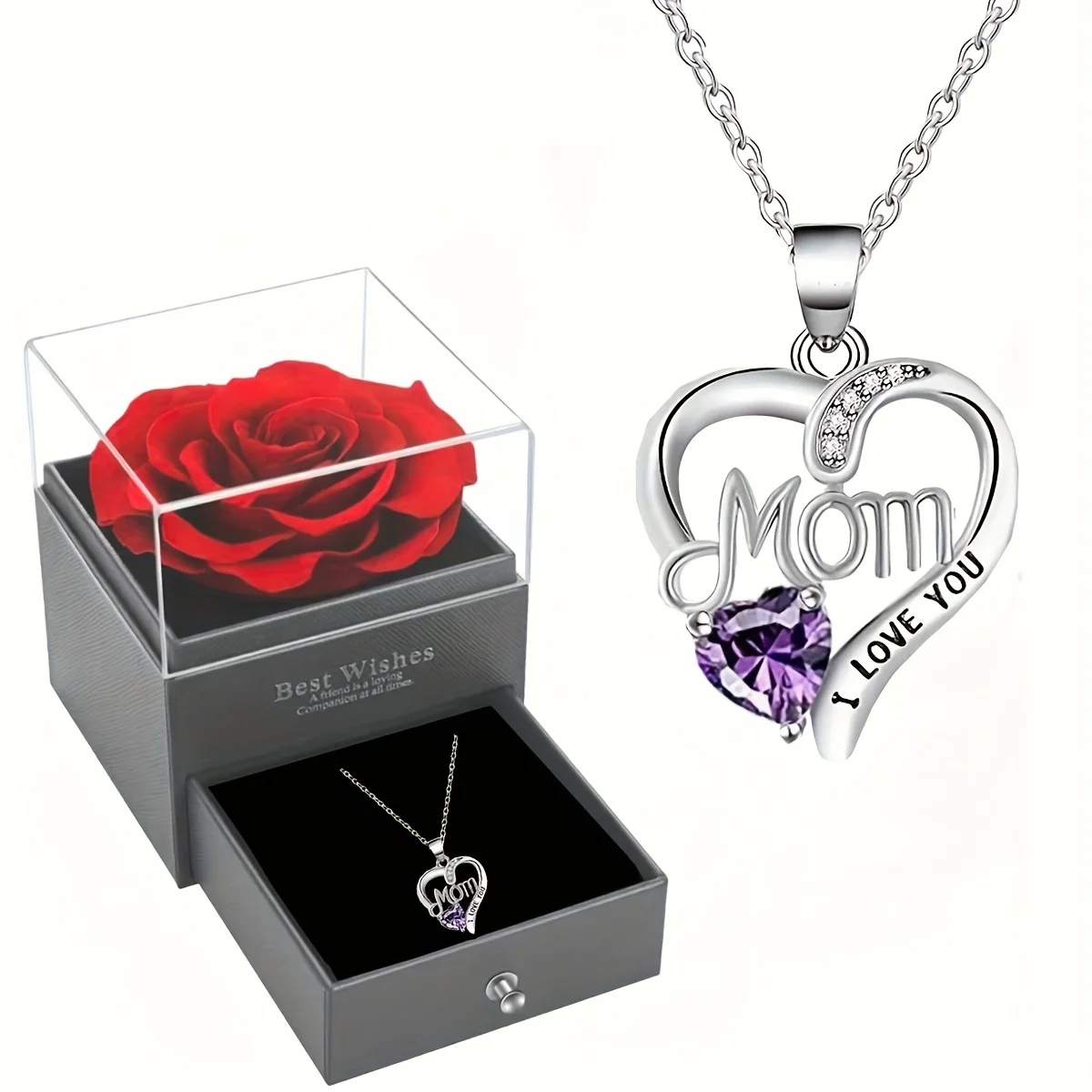 Caja de regalo de joyería de alta gama con rosa roja, collar con colgante de mamá, adecuado para el día de la madre, Acción de Gracias, Navidad, Día de San Valentín