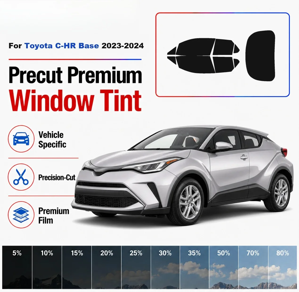Premium Precut Window Tint Kit Front Rear Windows Rear Windshield For Toyota C-HR Base 2023-2024 Complete Set Nano Ceramic Film