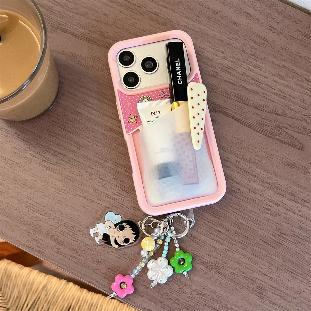 

INS Cute fFlower Girl Cartoon Phone case With Card Holder Cover for iPhone 16 17 Pro Max 15 16 Pro 15 Pro Funda With Charm Cases