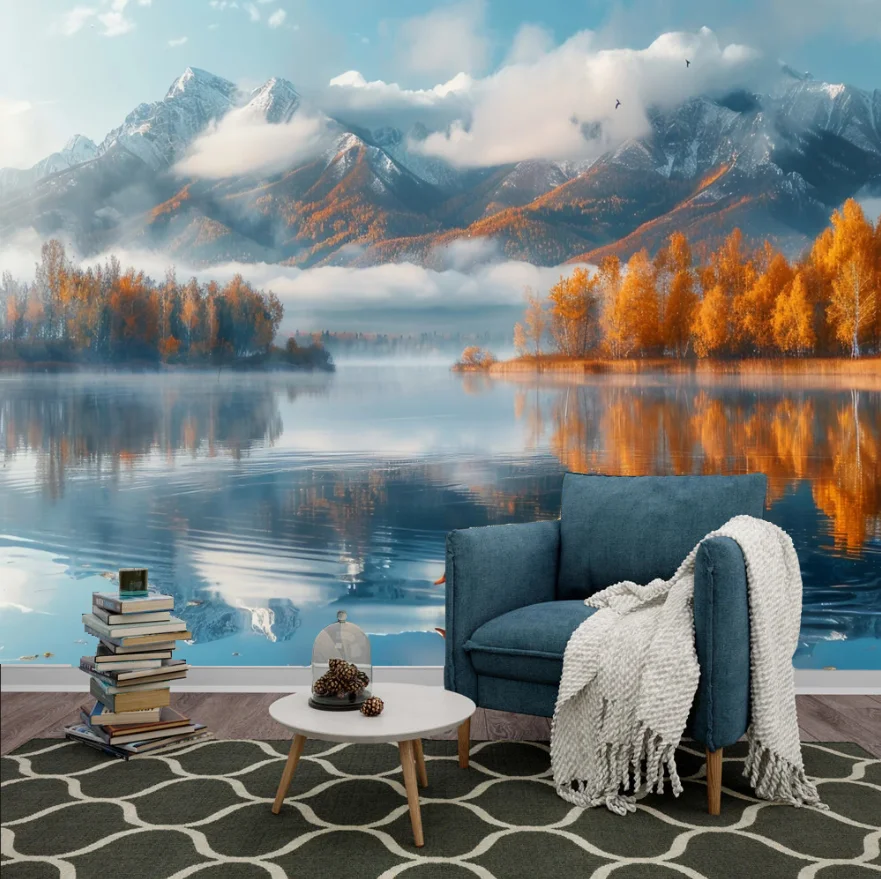 Customized Size Snow Mountain Lake Scenery Mural Natural Landscape Wallpaper Forest Living Room Bedroom Wall Decoration 3D Mural