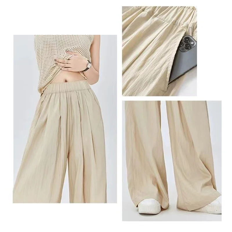 Pantaloni classici da donna a gamba dritta quotidiana Pantaloni larghi da ragazza in seta di ghiaccio solida Pantaloni comodi a vita alta alla moda da donna