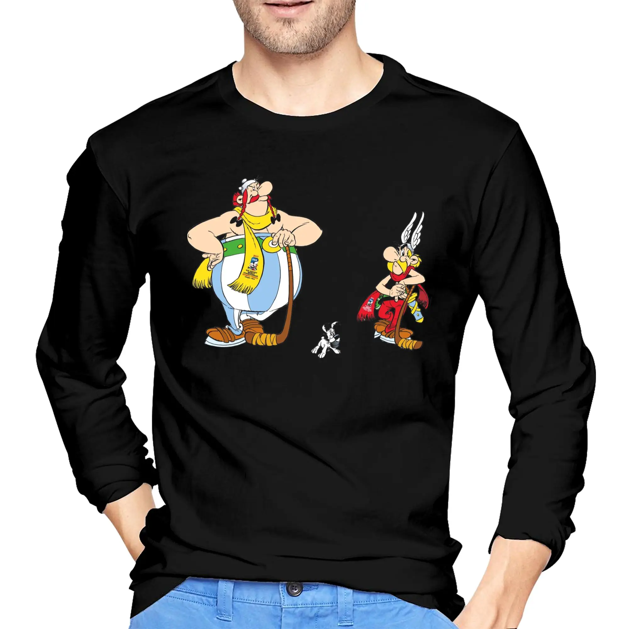 

Asterix And Obelix Dogmatix Men's Long Sleeved T-shirt Casual Round Neck T shirts Spring and Autumn Men tops